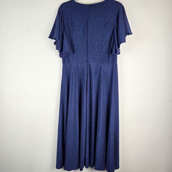 Bridesmay Semi Formal Dress Ruffle Sleeve‎ A Line Swing Metallic V-Neck Blue.A23 - Picture 7 of 13